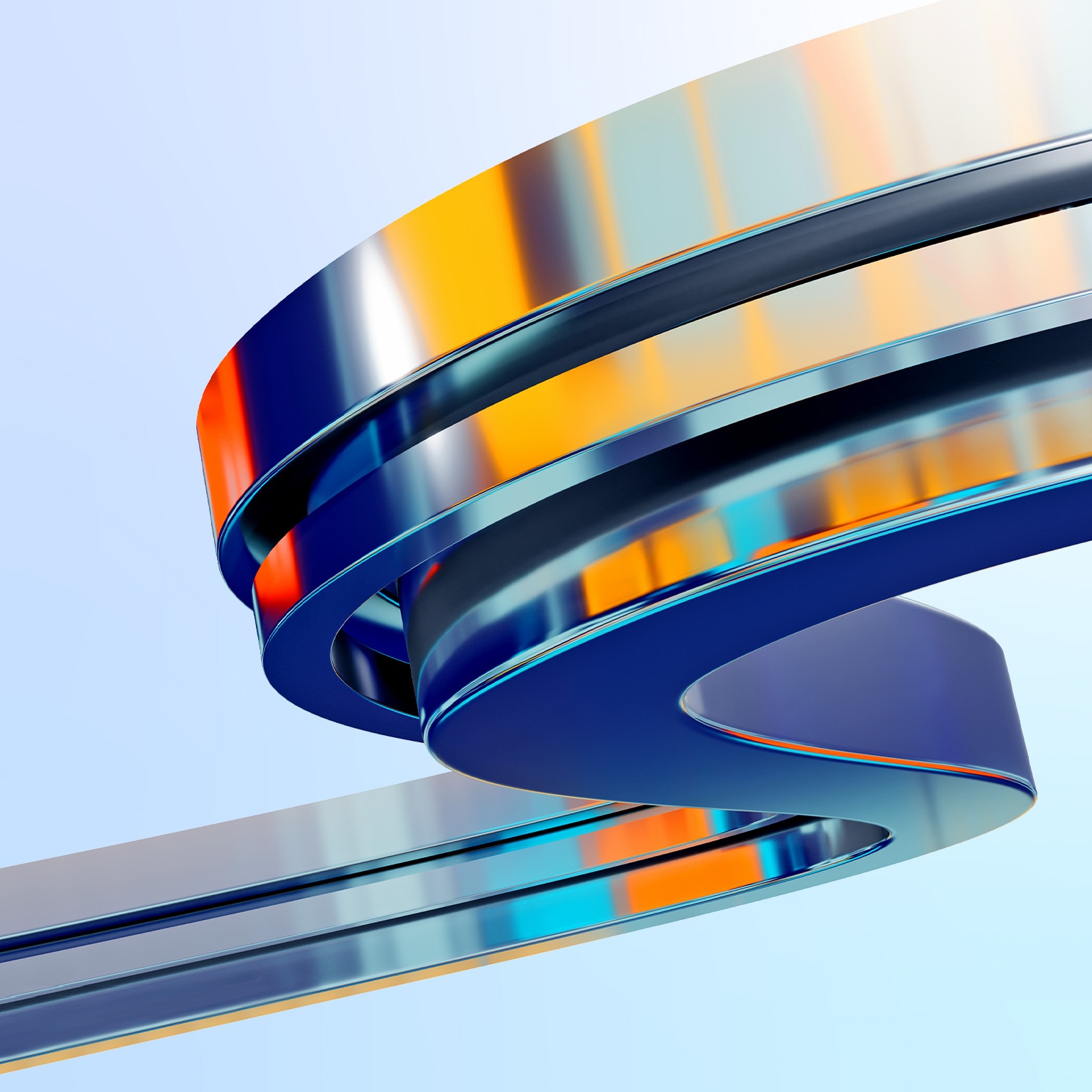 Image of a shiny metallic alloy 3D s-curve with orange, blue and purple reflections.