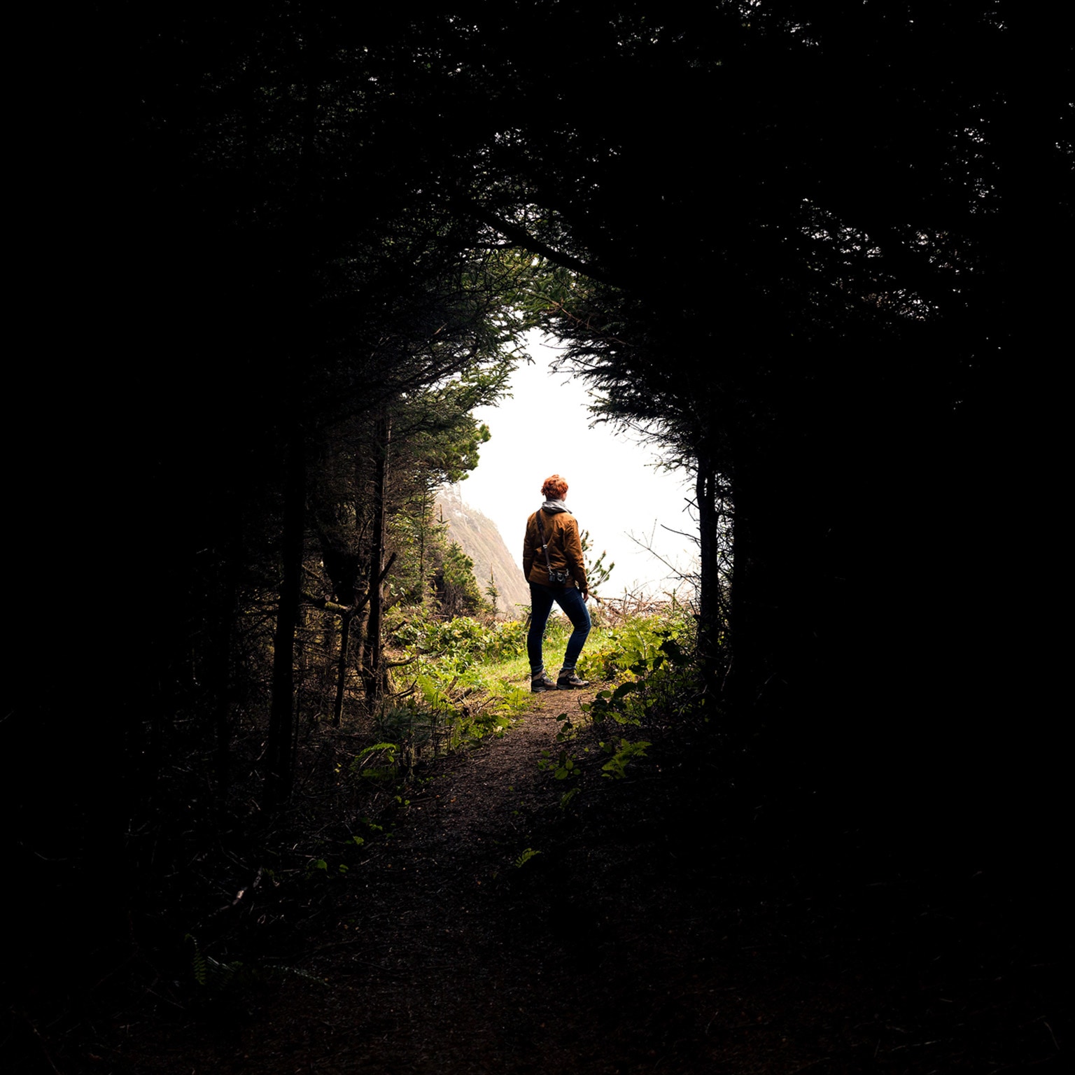 A woman standing at the end of a tunnel of trees.